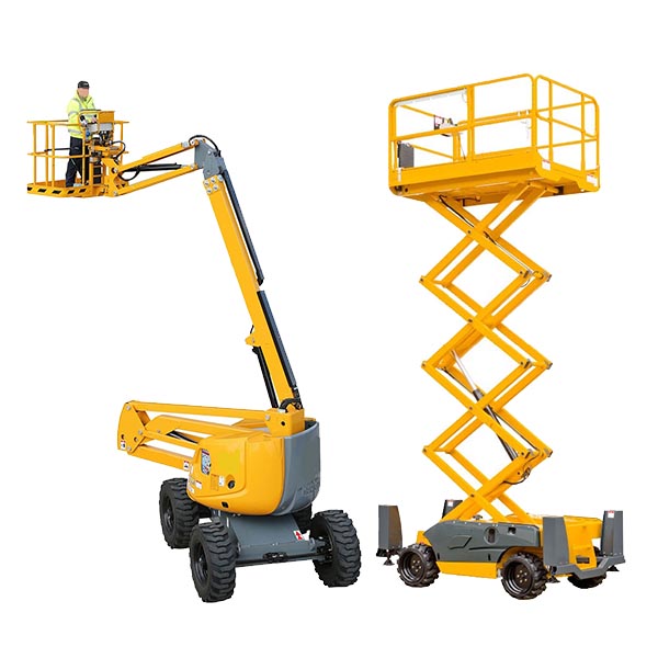 Two powered access machines used in construction work in front of a white background